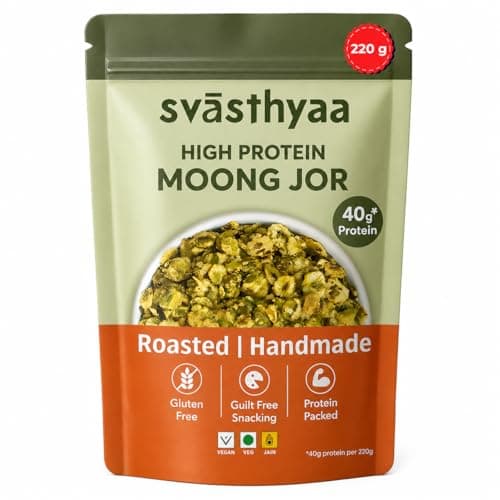 Svasthyaa High Protein Moong Jor | Roasted Moong Dal Namkeen Snack | Healthy Vegetarian Dal Snack | Gluten Free, Vegan & Jain | Breakfast, Travel & Kids | 220g