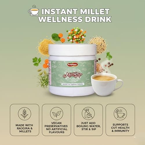 Aaptam MillSip Instant Millet Drink/Soup Mix with Rajgira, Vegetables, Herbs & Spices | No Preservatives | No Artificial Flavours | No Added Sugar| Just add boiling water, stir and Sip| Vegan| Gluten free| Gut health| Immunity boosting — image 4