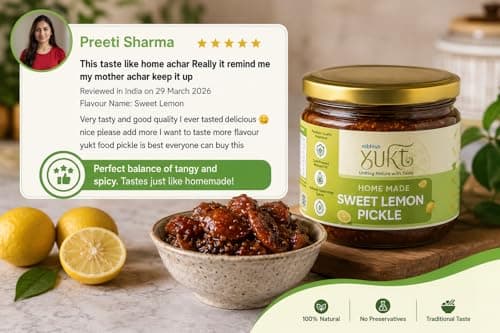 NIBHISH Yukt pickle Khatta Meetha Sweet Lemon Pickle | Sweet & Tangy Homemade Delight | Oil-Free, No Onion or Garlic | Traditional Chunda-Style Nimbu Ka Achaar with Grandma's Authentic Taste | Handmade Using Organic Preparation Methods | 100% Natural & Pure | Glass Jar — image 6