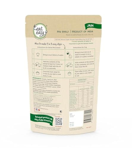 Eat Easy Ready To Eat Jain Pav Bhaji, 65gm (Pack of 6) | Just Add Water and Cook | No Onion No Garlic, Vegetarian Healthy Instant Food for Travel, Trekking, Campign | No Preservatives | No Added Artificial Colours & Flavours — image 2