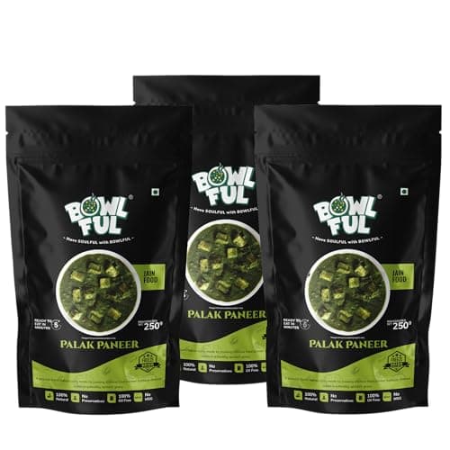 BowlFul Jain Palak Paneer, 50 GMS, Creamy Spinach Based Gravy with Cottage Cheese and No Onion or Garlic. Pure Natural, Freeze Dried Food (Pack of 3)
