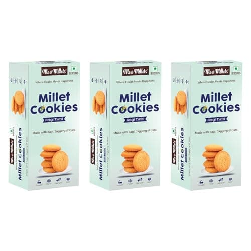 ME & MILLETS Cookies - Ragi Twist (Pack of 3, Each 75g) - Delicious Millets Biscuits, Rich In Protein & Fiber, Healthy Tea Snack (Jain Friendly)