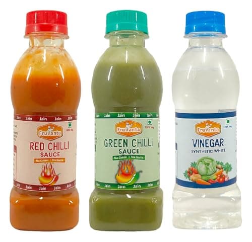 Fruvanta Jain Sauce Without Onion/garlic/Potato, Green Chilli Sauce (200gm), Red Chilli Sauce (200gm) and vinegar (200gm) (Pack of 3)