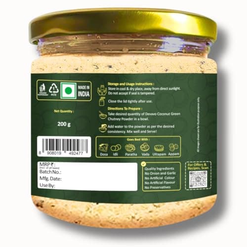 Devavo Coconut Green Chutney Powder | Just Add Water to Prepare | Authentic South Indian Recipe | No Onion & Garlic | No Artificial Colour & Flavour | No Preservatives (200 g) — image 8