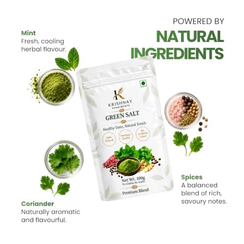 KRISHNAY Condiments Natural Green Salt Seasoning 100g | Herbal Mineral Salt Blend with Mint, Coriander & Spices | Natural Masala Salt for Chaat, Salad, Fruits & Buttermilk — image 4
