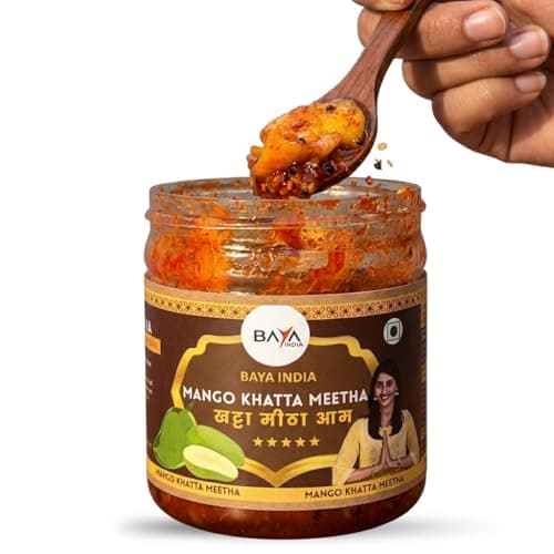 Baya India Khatta Meetha Mango Pickle, Sweet and Tangy Aam Ka Achar, Homemade Style, No Chemical and No Preservatives Pickle, No Onion No Garlic 250g Plastic Jar
