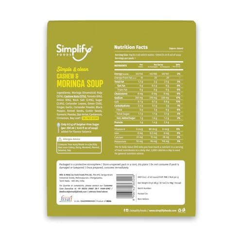 Simplify Foods Cashew & Moringa Instant Soup | Pack of 2 Single-Serve Sachets (Each Makes ~125 ml) | Made with 52% Real Moringa Pulp | Just Add Hot Water | Travel-Friendly | Clean Label | 0% Additives or Preservatives — image 2