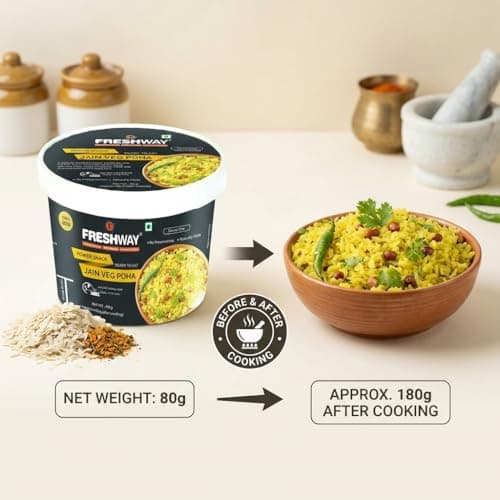 Freshway Jain Veg Poha Quick & Easy Ready to Eat Healthy Snack | 100% Jain No Onion No Garlic No Preservatives | Nutritious & Delicious Breakfast or Anytime Meal | Made with Real Veggies | Lightweight Travel Friendly Ideal for Office Hostel & Travel | Pack of 6 — image 3