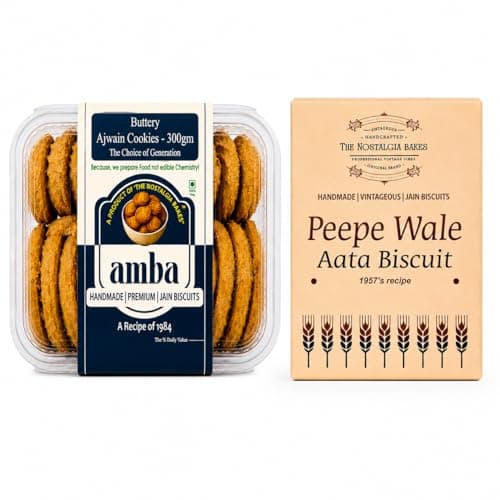 Amba Handmade Jain Biscuits Combo Pack | Buttery Ajwain Cookies & Peepe Wale Aata Biscuits | Traditional Tea Time | Crunchy & Fresh Baked Snacks | Premium Indian Bakery Cookies Combo Pack
