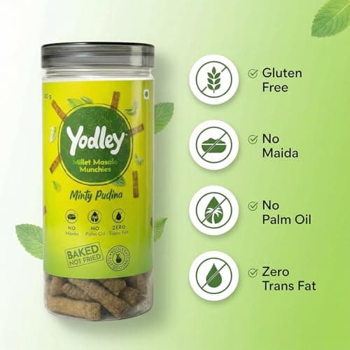 Yodley Millet Masala Munchies - Minty Pudina Flavour - Pack Of 2 | Baked, Not Fried | No Maida, No Palm Oil | Zero Cholesterol | Zero Trans Fat & High In Fiber | Calcium & Iron Rich | Healthy Indian Snack - 150gm — image 7
