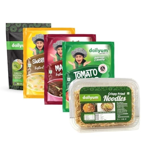 Dailyum Instant Soup Combo of 5 | No Onion No Garlic | Manchow Soup 50g | SweetCorn Soup 50g | Tomato Soup 50g | Green Veg. Soup 50g | Crispy Fried Noodles 200g| Jain