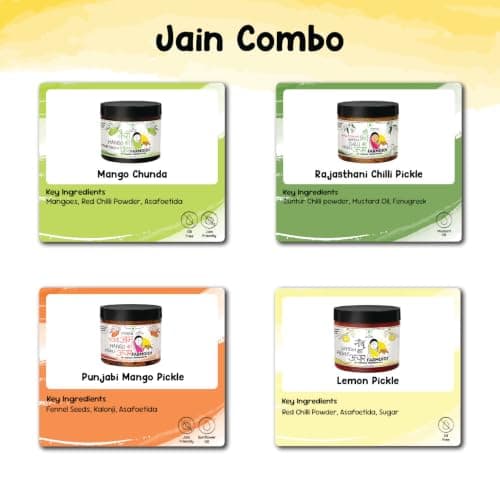 FarmDidi Jain-Friendly Pickle Combo – Pack of 4 x 325g | Punjabi Mango, Mango Chunda, Crushed Lemon & Rajasthani Green Chilli Pickles | No Onion & Garlic | Homemade | Less Oil | Preservative-Free — image 6