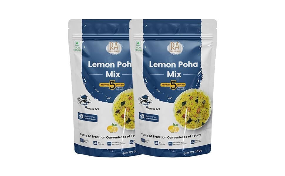 RA Desi Flavors Instant Lemon Poha Mix 2x200g | Ready in 5 min- Just add hot water | Breakfast & Snack | No preservatives | Nutritionist crafted | Vegan | No Onion & Garlic | Travel friendly