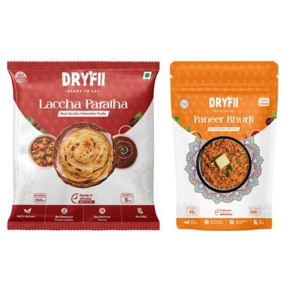 Dryfii Ready to Eat Laccha Paratha (5 Pieces, 1 Pack) & Jain Paneer Bhurji Combo | Freeze Dried | Rich Protein Meal | Travel Friendly