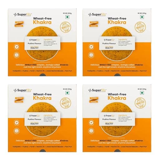 Superfills Wheat-Free (Gluten Free) Flavour Khakra Ready to Eat | 100% Natural Ingredient |Gujarati Healthy Snack | Wheat -Free | No Garlic & No Onion | (Khakhra-pudina_200gm, Pack of 4)