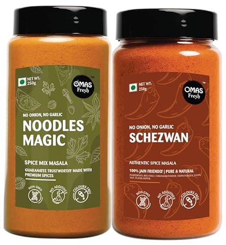 Omas Fresh No Onion No Garlic Noodles Magic Masala & Schezwan Seasoning | 250g × 2 Combo Pack | Spicy Flavour Duo for Noodles, Pasta & Everyday Cooking