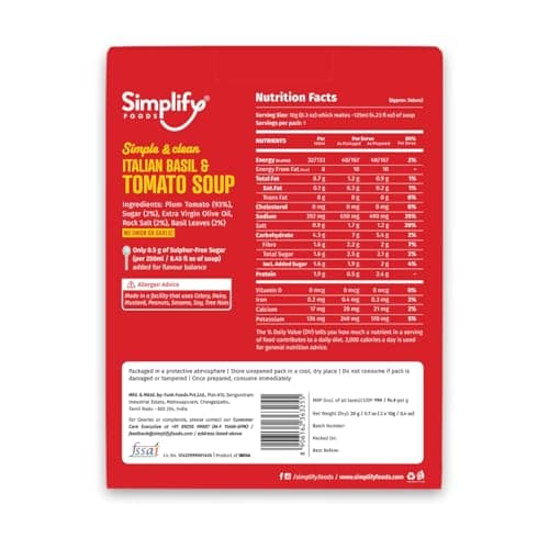 Simplify Foods Italian Basil & Tomato Instant Soup | Pack of 2 Single-Serve Sachets (Each Makes ~125 ml) | Made with 93% Real Tomato & Basil | Just Add Hot Water | Travel-Friendly | Clean Label | 0% Additives or Preservatives — image 2