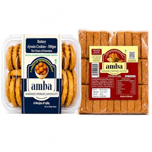Amba Handmade Premium Jain Snack Combo | Buttery Ajwain Cookies 300g & Khas-Khas Suji Rusk 350g | Crispy Tea-Time Biscuits & Rusk | Fresh Bakery Snacks | Vegetarian Delight