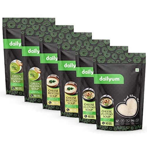 Dailyum Premium Instant Soup Combo of 6 | No Onion No Garlic | 2 Green Veg. Soup 50g | 2 Cheese Broccoli Soup 50g | 2 Cheese Jalepeno Soup 50g | Natural | No MSG | Jain