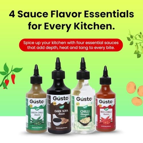 Gusto Foods Chinese Sauces Combo | Red Chilli Sauce 200gm + Green Chilli 190gm + Soya Sauce 210gm + Chilli Vinegar 170ml | Asian Sauces Combo | Ideal for Fried Rice, Noodles, Paneer & Vegetables | Ready to use — image 3