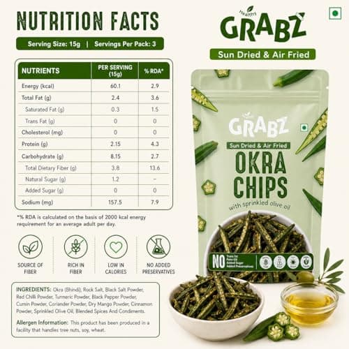 GRABZ Crispy Jain Bhindi Okra Chips without Onion ,Garlic | Air-Cooked, Solar-Dehydrated |No Palm Oil | No Maida | Zero Cholestrol, Gluten Free Vegan Snacks| Low Cholesterol | High Fiber |Olive Oil & Spicy Masala Flavor | 20g Each (Pack of 3) — image 2