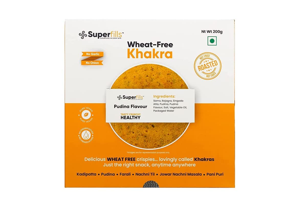 Superfills Wheat-Free (Gluten Free) Pudina Khakra - 200gm | Diet Snack for Weight Loss | High in Protein & Fiber | | Roasted | Gujarati Handmade | No Garlic & No Onion | (Pack of 1)