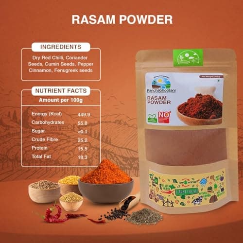 Panchabhootani Rasam Powder 100g | South Indian Authentic Flavour, Easy Digestion, Farm Fresh, Vegan Friendly, No Garlic, No Onion, 3 varieties of roasted dry red chilles, Rich Aroma, Mouth Watering (Small, 100.00, gram) — image 3
