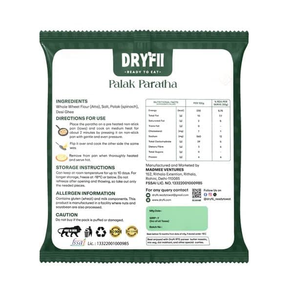 Dryfii Ready-to-Eat Palak Paratha (5 Pcs | 1 Pack) with Jain Palak Paneer | Healthy Veg Meal | Pure Vegetarian — image 2