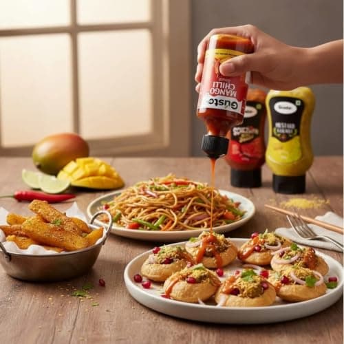 Gusto Foods No Onion No Garlic Combo (Schezwan Sauce, 310gm + Mustard Kasundi, 300gm + Mango Chilli, 240gm) | No chopping, grinding | No extra prep needed | Versatile spicy‑sauce pack — image 6