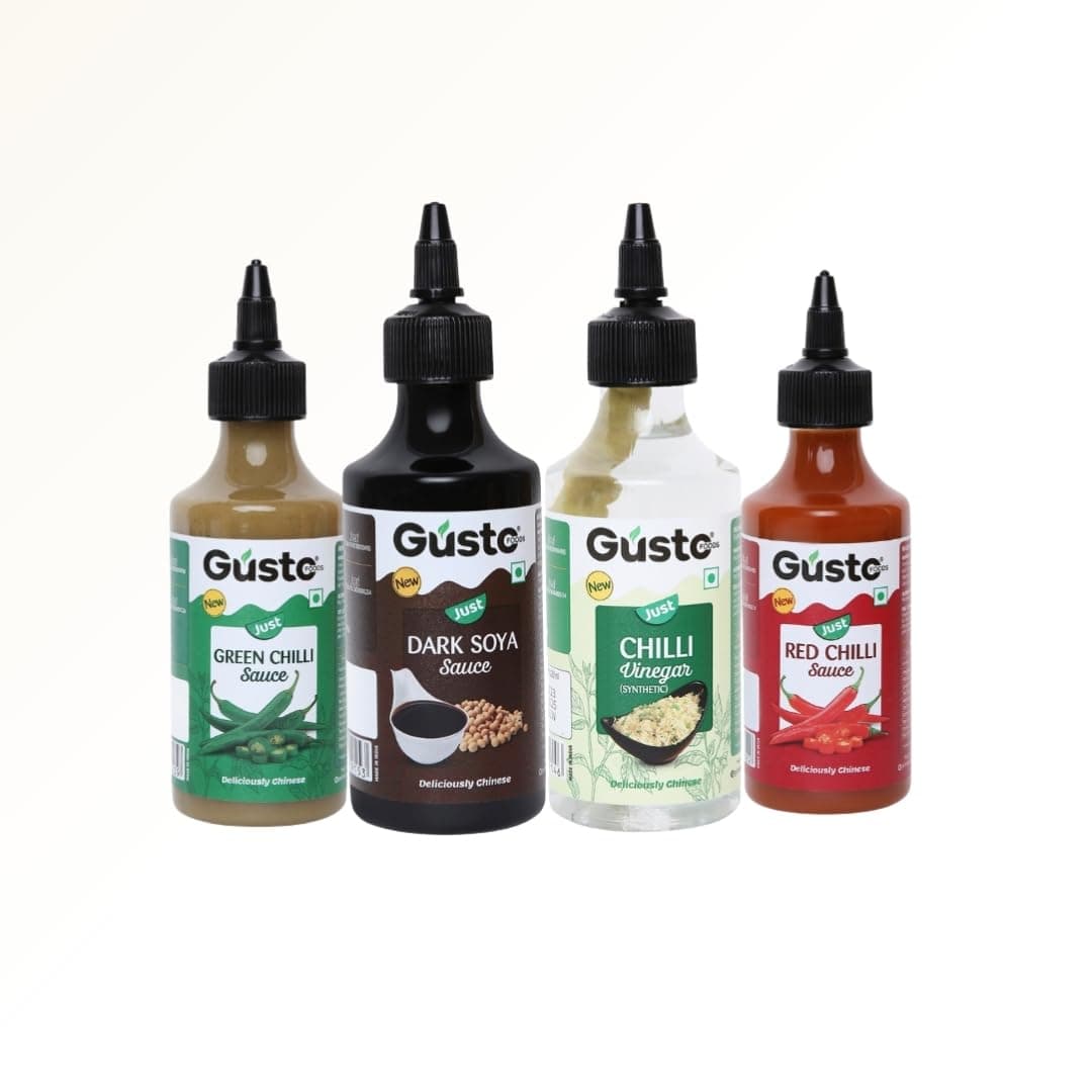 Gusto Foods Chinese Sauces Combo | Red Chilli Sauce 200gm + Green Chilli 190gm + Soya Sauce 210gm + Chilli Vinegar 170ml | Asian Sauces Combo | Ideal for Fried Rice, Noodles, Paneer & Vegetables | Ready to use — image 2