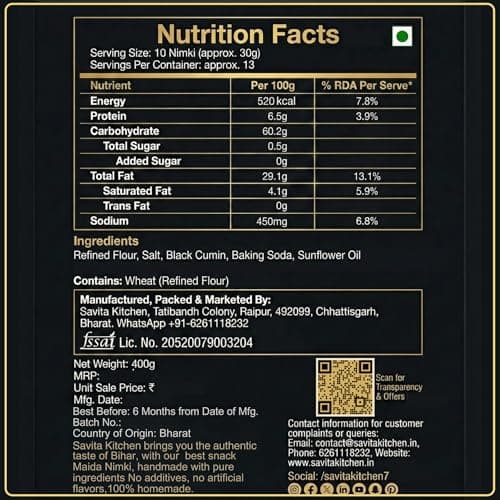 Savita Kitchen Authentic Maida Nimki (Namak Para) | Crispy Indian Tea-Time Snack | Bihar Style Homemade Namkeen | Ajwain Spiced, No Artificial Flavors | 400g — image 2