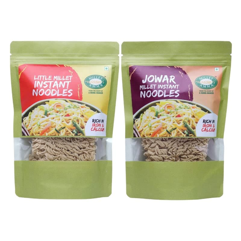 Millet Amma Little Millet Instant + Jowar Millet Noodles Combo - 350 Gms, Pack of 2 - Each 175 Gms, Easy & Ready to Cook, Zero Maida & Vegan, Best Choice for Instant Breakfast & Dinner