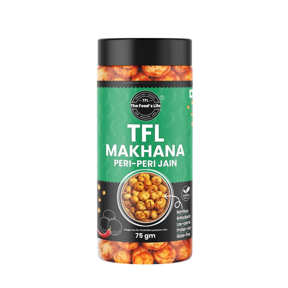 The Food's Life Peri Peri Jain Makhana | Roasted Lotus Seeds | Protein & Calcium-Rich | Gluten-Free | No Onion & Garlic | Healthy Snack 75g | Pack of 1