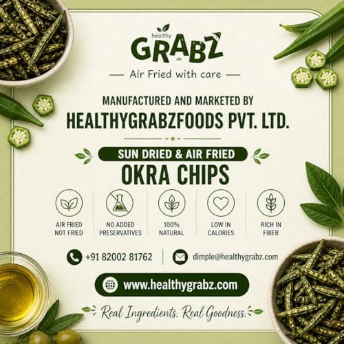 GRABZ Crispy Jain Bhindi Okra Chips without Onion ,Garlic | Air-Cooked, Solar-Dehydrated |No Palm Oil | No Maida | Zero Cholestrol, Gluten Free Vegan Snacks| Low Cholesterol | High Fiber |Olive Oil & Spicy Masala Flavor | 20g Each (Pack of 3) — image 7