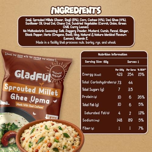 Gladful Sprouted Millet Instant Ghee Upma Mix - No Palm Oil, Trans Fat & Maida - Made with Jawar, Ragi and Suji/Rawa, Ghee & Cashew - Multigrain Protein Breakfast Healthy Snack - Pack of 6 (60g each) — image 2