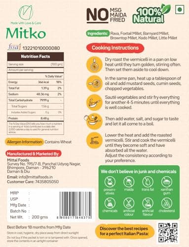 Mitko Vermicelli | Multi Millet Healthy Vermicelli | No Maida | High Fibre | High Protein | Ready in 10 Minutes (2 × 200 g) — image 2