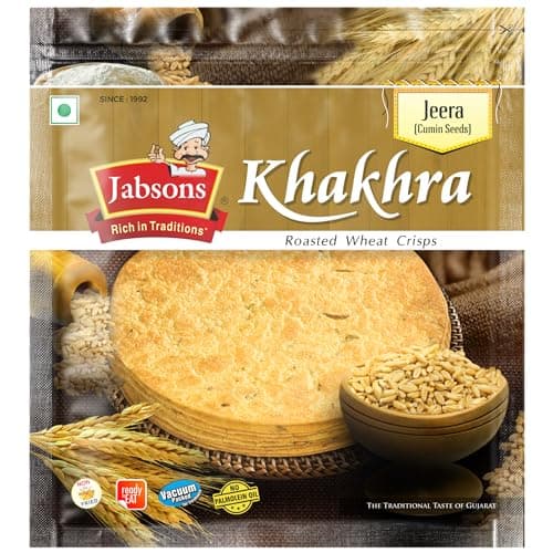 Jabsons Roasted Jeera Khakhra,180gm | No Onion No Garlic | Ready-To-Eat Vacuum Packed for Freshness | Gujarati Traditional Tea Snacks Flatbread Made with Cottonseed Oil 180 gm