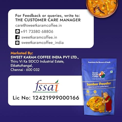 Sweet Karam Coffee Sambar Powder (Podi) – 180 grams | No Onion or Garlic | Authentic Homemade South Indian Masala | 100% Natural & Organic Ingredients | Aromatic, Healthy & Flavorful Spice Blend — image 8