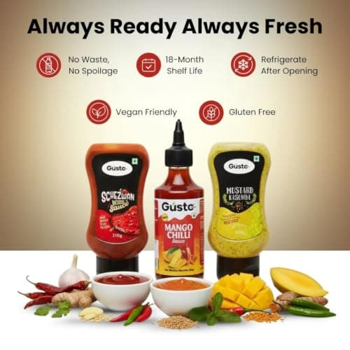 Gusto Foods No Onion No Garlic Combo (Schezwan Sauce, 310gm + Mustard Kasundi, 300gm + Mango Chilli, 240gm) | No chopping, grinding | No extra prep needed | Versatile spicy‑sauce pack — image 7