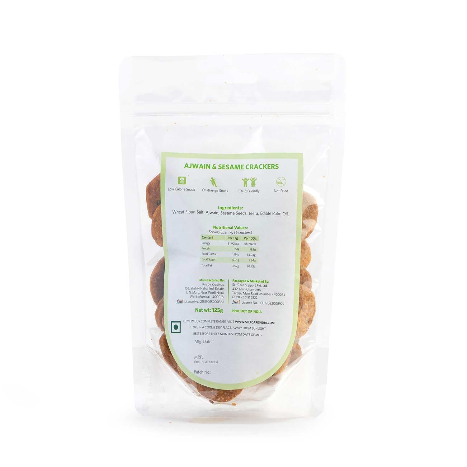 SelfCare By Suman Agarwal Ajwain & Sesame Crackers Pack of 1 125g | Baked - Healthy - Vegan | Snacks - Namkeen - Grocery | Spicy Crunchy & Chatpata - Tea time Snacking | Jain & Travel Friendly — image 8