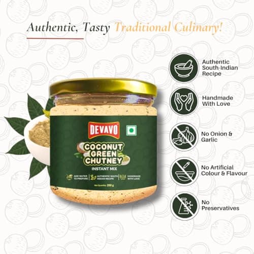 Devavo Coconut Green Chutney Powder | Just Add Water to Prepare | Authentic South Indian Recipe | No Onion & Garlic | No Artificial Colour & Flavour | No Preservatives (200 g) — image 3