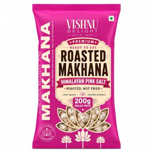 Vishnu Delight Roasted Makhana, Himalayan Pink Salt | Light & Crunchy Roasted Foxnuts (Phool Makhana) | Roasted Not Fried, Jain Friendly, Ready To Eat Snack | 200gm (Pack of 1)