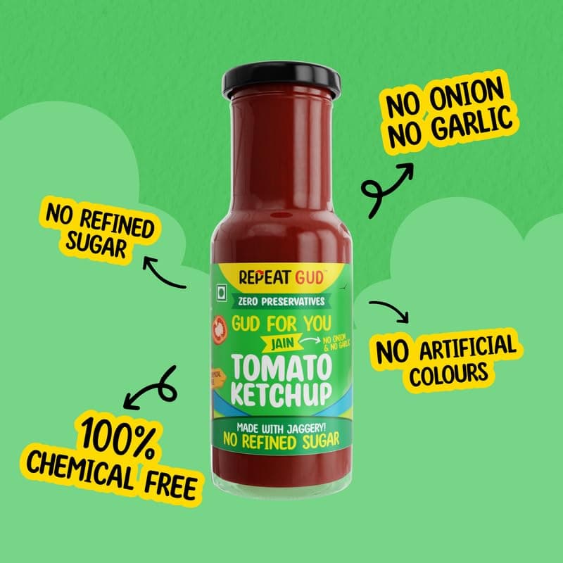 REPEAT GUD Jain Tomato Ketchup | No Garlic, No Onion, Made with Jaggery, 100% Natural Ingredients, No Refined Sugar, No Preservatives, No Chemicals, 100% Vegetarian | 225 gm (Pack of 3) — image 3