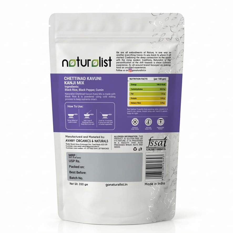 Naturalist by Avany Organics 350 gm Chettinad Kavuni Kanji mix | Black Rice Porridge mix | 100% Natural | Chemical Free | Fibre and Protein Rich Healthy Meal - 350 grams — image 2
