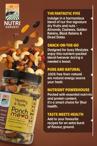 NUTRI HARVEST Premium Dry Fruits Mix pack (Panch Mewa Mix) , Natural Blend of Almonds, Cashews, Black and green Raisins and diced Dates| Fit for Fasting 2*250 (500gram)| (Re-sealable pack for freshness) — image 6