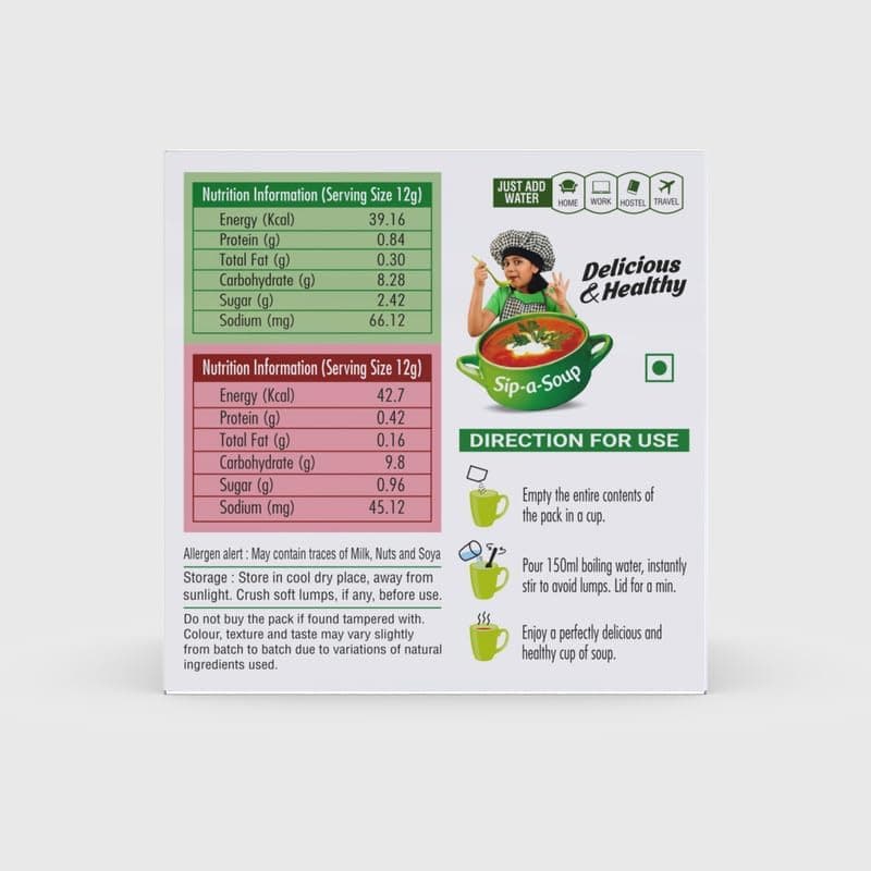 Dailyum Jain Instant Assorted Soup|Tomato and Manchow Soup| 8 Single Serve Sachets,4 Each | Just Boil-Stir-Sip | 12g Each Sip-A-Soup| Natural | No MSG | Pack of 2 Box — image 2