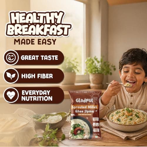 Gladful Sprouted Millet Instant Ghee Upma Mix - No Palm Oil, Trans Fat & Maida - Made with Jawar, Ragi and Suji/Rawa, Ghee & Cashew - Multigrain Protein Breakfast Healthy Snack - Pack of 6 (60g each) — image 6