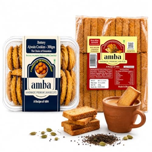 Amba Handmade Premium Jain Snack Combo | Buttery Ajwain Cookies 300g & Khas-Khas Suji Rusk 350g | Crispy Tea-Time Biscuits & Rusk | Fresh Bakery Snacks | Vegetarian Delight — image 2