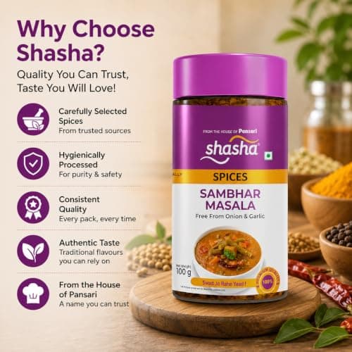 Shasha Sambhar Masala 100g - Spice Mix for Authentic South Indian Sambhar - No Onion or Garlic - From the House of Pansari — image 8