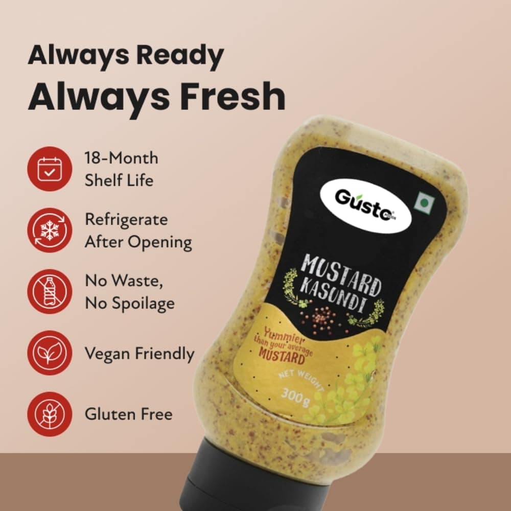 Gusto Foods Kasundi Mustard Sauce 300gram | Authentic Pungent for Salad Dressings | Traditional Kasundi Mustard Sauce Bengali | Ready-to-use | Plant-based & Vegan | No chopping, grinding | No extra prep needed — image 7